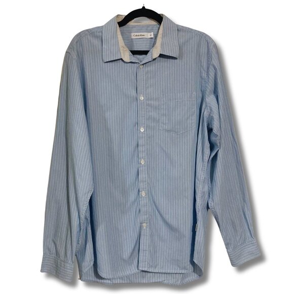 CALVIN KLEIN Men's blue vertical striped button-down shirt ~ LARGE button-down - Picture 1 of 12